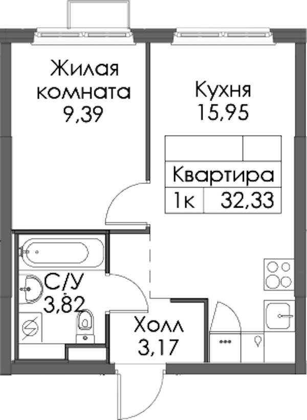 1-комнатная квартира 32.33 м², 11/12 эт., ЖК «Таллинский парк»
